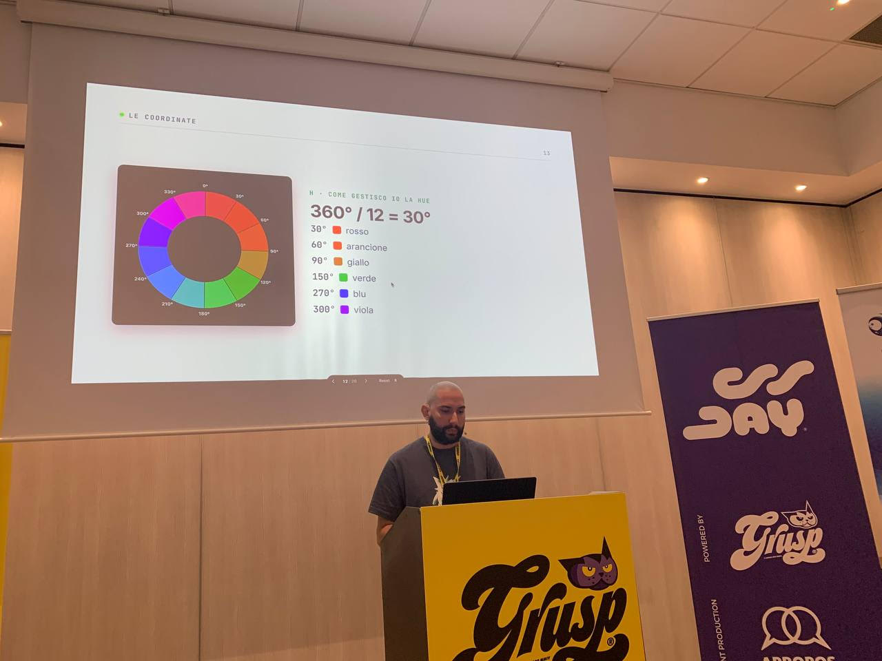 Luca Ucciero speaking at CSS Day 2026 about the OKLab and OKLCH color spaces